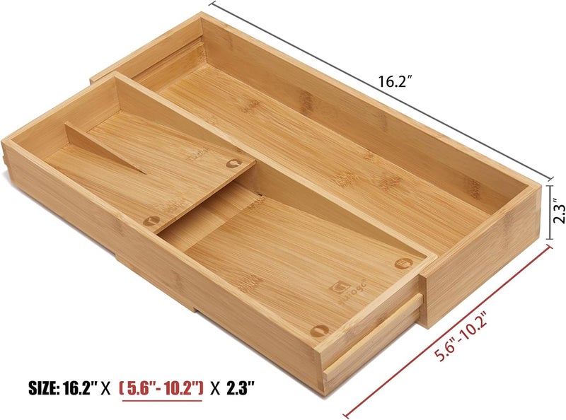 guiogc Bamboo Kitchen Drawer Organizer, Silverware Organizer Expandable Utensil Holder with Removable Knife Block, Cutlery Tray with Drawer Dividers for Kitchen Utensils and Flatware - Image 2